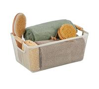 Relaxdays Alambre Cesta de Almacenaje Asas Madera, Rectangular, Caja Organizadora Metal, 16,5x37x22,5cm, Cocina, Baño, Blanco, Acero, 16.5 x 37 x 22.5 cm