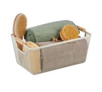 Relaxdays Cesta de Almacenaje Asas Madera, Rectangular, Caja Organizadora Metal, 16,5x37x22,5cm, Cocina, Baño, Blanco