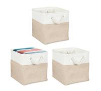 Relaxdays Cesta de almacenamiento, juego de 3, lino, beige/blanco | Con asas de cuerda, ropa, juguetes, 28 x 28 x 28 cm