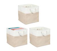 Relaxdays Cesta de almacenamiento, set de 3, lino, con asas de cuerda, ropa, juguetes, 30 x 30 x 30 cm, beige/crema