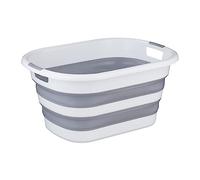 Relaxdays Cesta para la Colada Plegable Grande, Cubeta Lavado 35l, Cesto con Asas para Ropa Seca o Mojada, Gris/Blanco
