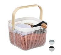 Relaxdays Cesta Rejilla Metal, Asa Madera, Caja Almacenaje, Ordenación Ropa, 17,5 x 26 x 24,5 cm, Blanco