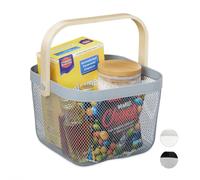 Relaxdays Cesta Rejilla Metal, Asa Madera, Caja Almacenaje, Ordenación Ropa, 17,5 x 26 x 24,5 cm, Gris Azulado