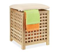 Relaxdays Cesta de Ropa Sucia con Asiento, Taburete Baño con Almacenaje, Madera de Nogal, 45 L, 50 x 39 x 39 cm, Natural
