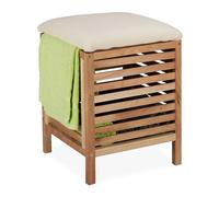 Relaxdays Cesta de Ropa Sucia con Asiento, Taburete Baño con Almacenaje, Madera de Nogal, 35 L, 51 x 39 x 39 cm, Natural, Algodón, 51x39x39 cm
