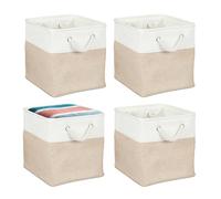 Relaxdays Cestas de Almacenaje, Set 4, Lino, con Asas, Ropa, Juguetes, 28x28x28 cm, Cestitas Estantería, Blanco, Algodón, Hierro, Beige, 28 x 28 x 28 cm