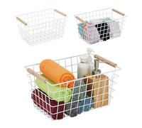 Relaxdays Cestas Metálicas de Rejilla, Set de 3, Asas de Madera, 16 x 31 x 21 cm, Cuadradas, Baño y Cocina, Blanco