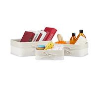 Relaxdays Cesto Almacenaje Set 3, Bambú con Funda de Tela, 3 Tamaños, Cesta Juguetes, Baño, Cosméticos y Toallas, Blanco