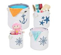 Relaxdays Cesto Almacenaje Set 4, Cestas Náuticas de Tela con Asas, Organiza Tu Baño, Juguetes, 4 Tamaños, Blanco y Azul
