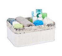 Relaxdays Cesto Almacenamiento, Funda Tela Diseño Retro, Bambú, Rectangular, Cesta Estante Baño, 16,5x38x28,5 cm, Blanco