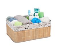 Relaxdays Cesto Almacenamiento, Funda Tela Diseño Retro, Bambú, Rectangular, Cesta Estante Baño, 16,5x38x28,5cm, Natural