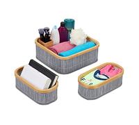 Relaxdays Almacenamiento Set de 3, Cestas Baño 2 Tamaños, Bambú y Poliéster, Apilables, para Hogar, Gris y Crema, 12,5 x 33,5 x 33,5 cm