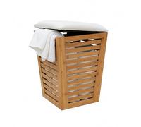 Relaxdays cesto de ropa con asiento, taburete de baño con almacenaje, 55l, HBT: 56x40x40 cm, bambú y tela, natural/crema