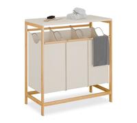 Relaxdays Cesto Ropa Sucia con 3 Sacos Extraíbles, Mueble Colada, Tapa Abatible, 84,5x78,5x40 cm, Bambú, Natural y Crema, Poliéster, Algodón