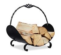 Relaxdays Cesto Leñero de Metal, Soporte para Leña con Asa, 42,5 x 43,5 x 30 cm, Bandeja para Leña, Acero, Negro
