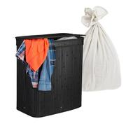 Relaxdays Cesto para ropa con tapa, 2 compartimentos, bambú, 100 l, plegable, 60 x 52 x 32 cm, sistema separador, negro