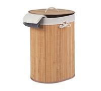 Relaxdays Cesto Ropa Sucia Ovalado Tapa, Cubo Colada Bambú, Saco Lavandería Extraíble, 55x42x32cm, Marrón Natural, Tablero de Fibras