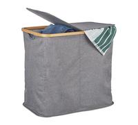 Relaxdays Cesto para la Ropa Sucia con Tapa, Plegable, Bambú & Tela, Dos Compartimentos, 74L, 1 Ud., Gris