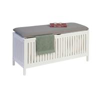 Relaxdays cesto ropa con asiento, nogal, tapa acolchada, blanco/gris | 50 x 100 x 38 cm, taburete de baño con almacenaje