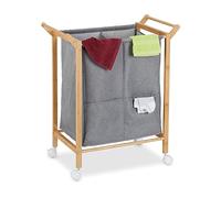Relaxdays Cesto Ropa Sucia, Bolsa Colada Tela, con Ruedas, 2 Compartimentos, 80L, Marco Bambú, 76x65x35 cm, Natural/Gris