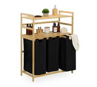 Relaxdays Cesto Ropa Sucia con 2 Estantes, 3 Sacos Extraíbles Colada, 105 x 80 x 40 cm, Baldas, Natural/Negro, Poliéster, Bambú