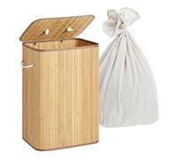 Relaxdays cesto Ropa Sucia con Tapa, 2 Compartimentos, bambú, 105 L, Plegable, 63×52×32 cm, Color Natural