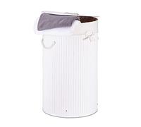 Relaxdays Cesto Ropa Sucia con Tapa, Redondo, Cubo Colada, Canasta Plegable, Bambú, 70 L, Ø 41 cm, Blanco