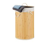 Relaxdays Cesto Ropa Sucia con Tapa, Redondo, Cubo Colada, Canasta Plegable, Bambú, 70 L, Ø 41 cm, Crema