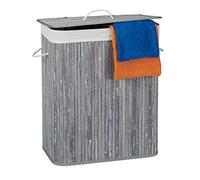 Relaxdays Cesto Ropa Sucia con Tapa y 2 Compartimentos, Cubo Colada Plegable, Canasta, Bambú, 95 L, Gris