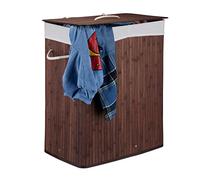 Relaxdays Cesto Ropa Sucia con Tapa y 2 Compartimentos, Marrón | Cubo Colada Plegable, Canasta, Bambú, 95 L