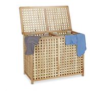 Relaxdays Cesto Ropa Sucia Doble, Madera Nogal, Canasto Ancho, 2 Sacos Ropa, Canasta Colada, 68x88x46 cm, Marrón Natural