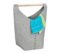 Relaxdays Cesto Ropa Sucia Fieltro, 50 L, Bolsa Colada Baño, Dormitorio, Asa de Madera, Plegable, Gris Claro/Natural