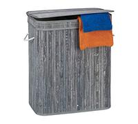 Relaxdays Cesto Ropa Sucia Rectangular con 2 Compartimentos, Cubo Colada, Canasta con Tapa, Bambú, 95 L, Gris, Poliéster