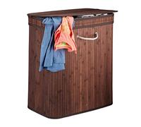 Relaxdays Cesto Ropa Sucia Rectangular con 2 Compartimentos, Cubo Colada, Canasta con Tapa, Bambú, 95 L, Marrón, Poliéster