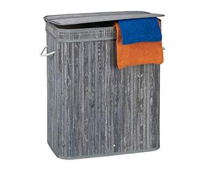 Relaxdays Cesto Ropa Sucia Rectangular con 2 Compartimentos, Cubo Colada, Canasta con Tapa, Bambú, 95 L, Gris