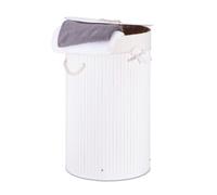 Relaxdays Cesto Ropa Sucia con Tapa, Redondo, Cubo Colada, Canasta Plegable, Bambú, 70 L, Ø 41 cm, Blanco, Algodón
