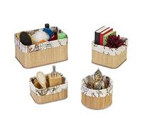 Relaxdays Cestos Almacenaje Set 4, Cajas Organizadoras 4 Tamaños, Bambú y Poliéster, Cestas Apilables, Natural y Crema