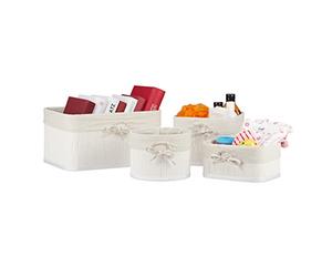 Relaxdays Cestos Almacenaje Set de 4, Bambú y Funda de Tela, 4 Tamaños, Caja de Juguetes, Cosméticos y Toallas, Blanco
