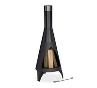 Relaxdays Chimenea de Exterior Abierta, con Atizador, Estufa de Acero para Terraza, Brasero Jardín, 120x48x50 cm, Negro