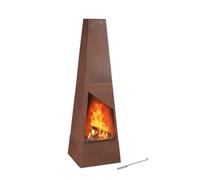 Relaxdays Chimenea Exterior Acero Corten, Caja Cenizas, Rejilla, Atizador, Brasero Jardín Oxidado, 149x45x45 cm, Marrón
