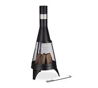 Relaxdays Chimenea Exterior con Salvachispas, Rejilla y Atizador, Jardín y Terraza, 120 x 47 cm, Estufa Patio, Negro, Acero