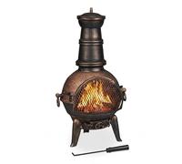 Relaxdays Chimenea Exterior, Estufa Terraza, con Atizador, Hierro Fundido, Protección Antichispas, 86x46x38 cm, Bronce