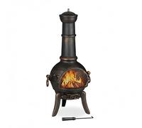 Relaxdays Chimenea Exterior Grande, Salvachispas, Atizador, Rejilla Leña, Tiro con Tapa, Hierro Fundido, Acero, Bronce