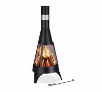Relaxdays Chimenea Exterior con Salvachispas, Rejilla y Atizador, Jardín y Terraza, 120 x 47 cm, Estufa Patio, Negro, Acero