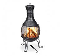Relaxdays Chimenea Jardín, Brasero, Atizador, Rejilla Protectora, Chimenea Exterior, 89 cm Altura, Terraza y Patio, Gris