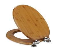Relaxdays Cierre Suave Tapa WC, Asiento Inodoro, Bambú, Caída Amortiguada y Montaje Superior, Ovalada, 37,5 x 43,5 cm, Natural, Acero Inoxidable