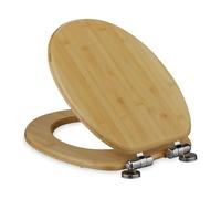 Relaxdays Cierre Suave Tapa WC, Asiento Inodoro, Caída Amortiguada y Montaje Superior, Forma Ovalada, Bambú, 37,5x43,5cm, Natural, Acero Inoxidable, 37,5 x 43,5 cm
