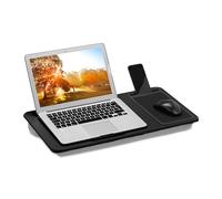 Relaxdays Cojín Portátil con Alfombrilla Ratón, Bandeja Ordenador, Mousepad, 5,5x58x30,5 cm, Cama o Sofá, con Asa, Negro, Tablero de Fibras, Lino, Gomaespuma