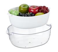 Relaxdays Colador con Bol Ovalado, Plástico, para Lavar Frutas y Verduras, Escurridor Pasta, Asas, Transparente y Blanco