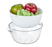 Relaxdays tazón Colador con Bol Circular, Plástico, para Lavar Frutas y Verduras, Escurridor Pasta, Asas, Transparente/Blanco, 10 x 22,5 x 21 cm